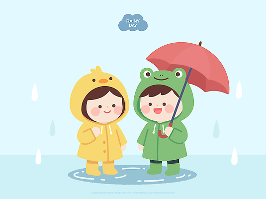 자연요소 옷 감정 컨셉 관계 조류 날씨 양서류 사람 파일형식 벡터 개구리 오리 우산 물 행복 어린이 우비 친구 외출 분위기 AI파일 일러스트 국내일러스트 비