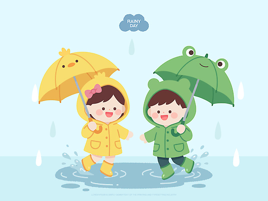 계절 감정 어린이 컬러 일러스트 우산 날씨 오리 개구리 야외 초록색 물 노란색 걷기 유치원 비 추억 즐거움 소나기 놀기 국내일러스트 AI파일 자연요소 교육 컨셉 모션 조류 양서류 사람 파일형식 벡터