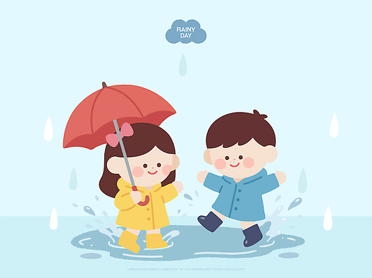 자연요소 옷 여자 남자 감정 어린이 관계 날씨 표정 사람 파일형식 벡터 우산 웅덩이 우비 즐거움 친구 웃음 모션 소년 소녀 외출 물 행복 AI파일 일러스트 국내일러스트 비
