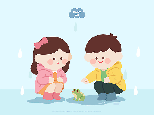 자연요소 옷 컨셉 관계 모션 날씨 표정 양서류 사람 야외활동 생태계 파일형식 벡터 어린이 개구리 외출 소풍 우비 물 친구 웃음 자연 관찰 장난 일과 체험 시간 관심 AI파일 일러스트 국내일러스트 비