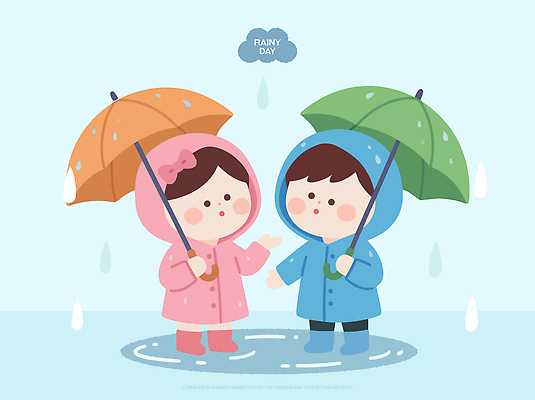 자연요소 옷 감정 컬러 관계 놀이 날씨 표정 말하기 사람 파일형식 벡터 어린이 우산 대화 웅덩이 분홍색 파란색 우비 즐거움 친구 장면 캐릭터 웃음 놀이터 모션 행복 AI파일 일러스트 국내일러스트 비