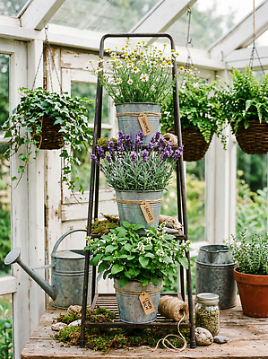 JPG 식물 편집이미지 꽃 화분 자연 금속 정원 물뿌리개 허브 바질 라벤더 다육식물 온실 캐모마일 수분_꽃가루 편집실사 AI포토 AI콘텐츠 재질 CG 생태계 파일형식