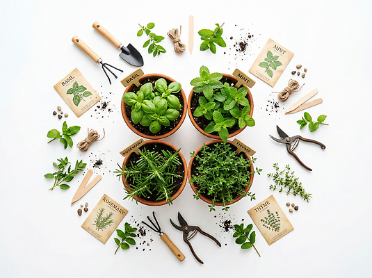 JPG 식물 편집이미지 화분 자연 탁자 정원 흙 도구 민트 허브 원예 정리 바질 로즈메리 백리향 편집실사 AI포토 AI콘텐츠 가구 취미 CG 생태계 파일형식