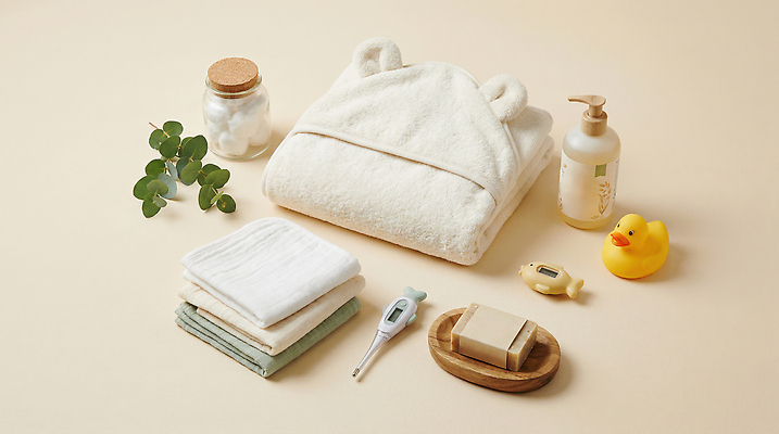 JPG 편집이미지 수건 장난감 목욕 욕실 신생아 목욕가운 출산 온도계 솜 오브젝트 정리 손수건 비누 오리장난감 편집실사 AI포토 AI콘텐츠 위생용품 청결 아기 가운 CG 파일형식