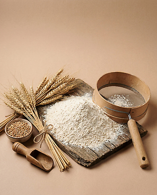 JPG 나무 편집이미지 재료 수저 건강 요리 주방 식사 밀 준비 유기농 이삭 밀가루 제빵 체반 통밀 편집실사 AI포토 AI콘텐츠 식물 식기 웰빙 곡류 제과제빵 가루 CG 파일형식