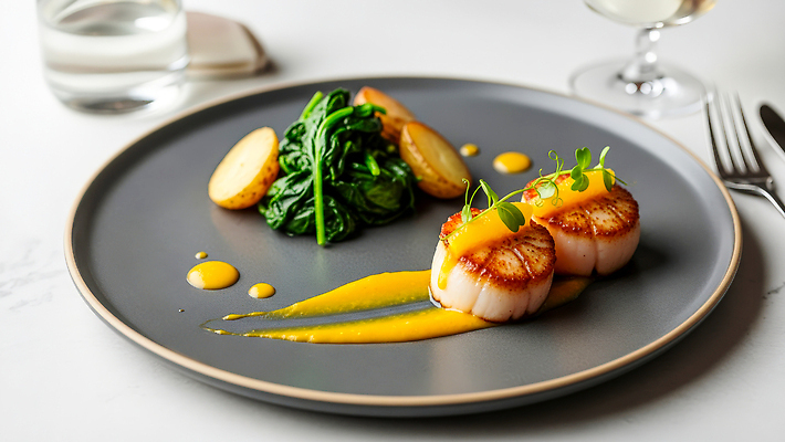 JPG 편집이미지 접시 음식 감자 요리 식당 와인 식사 고급 맛 저녁 가리비 시금치 플레이팅 편집실사 파인다이닝 AI포토 AI콘텐츠 식기 컨셉 채소 조개 주류 상점 레스토랑 야간 상차림 CG 파일형식