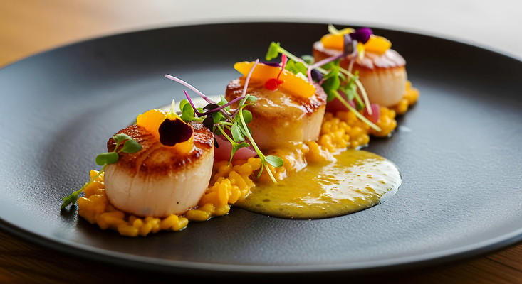 JPG 편집이미지 접시 음식 채소 요리 장식 식사 고급 맛 저녁 프레젠테이션 해산물 가리비 리조또 편집실사 파인다이닝 AI포토 AI콘텐츠 식기 컨셉 조개 레스토랑 야간 CG 파일형식