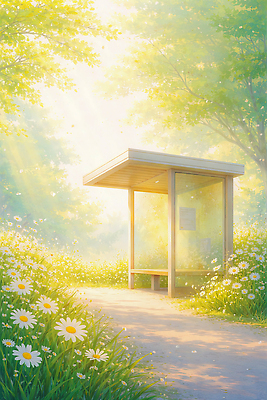 JPG 꽃 여행 일러스트 자연 유리 하늘 풍경 목재 빨간색 여름 햇빛 평화 정원 봄 산책 산책로 광선 버스정류장 국내일러스트 AI일러스트 AI콘텐츠 나무 식물 계절 길 컬러 컨셉 재료 재질 휴식 태양 역 생태계 파일형식