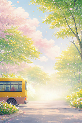 JPG 나무 꽃 길 일러스트 자연 하늘 아침 버스 풍경 잔디 일상 노란색 마을 봄 분위기 출발 색감 순간 국내일러스트 AI일러스트 AI콘텐츠 주간 식물 계절 육상교통 컬러 컨셉 대중교통 라이프 생태계 파일형식