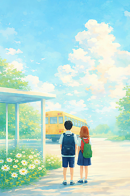 JPG 학생 꽃 어린이 일러스트 학교 자연 하늘 버스 풍경 일상 여름 파란색 봄 산책 역 버스정류장 풍경화 국내일러스트 AI일러스트 AI콘텐츠 식물 계절 교육 육상교통 컬러 교통시설 휴식 대중교통 사람 라이프 그림 생태계 파일형식