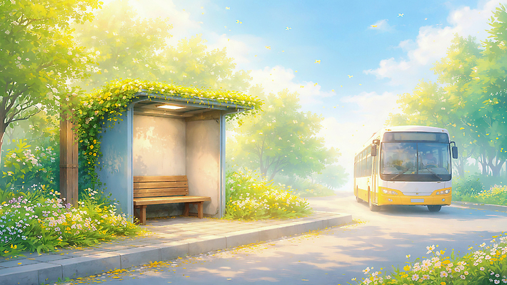 JPG 나무 꽃 여행 이동 의자 일러스트 자연 거리 버스 대중교통 사람 풍경 햇빛 고요 봄 시골 대기 역 버스정류장 숲 도착 오후 국내일러스트 AI일러스트 AI콘텐츠 식물 계절 육상교통 교통수단 가구 컨셉 교통시설 태양 생태계 파일형식