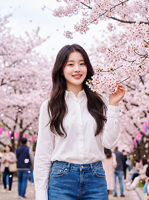 JPG 나무 편집이미지 공원 여자 포즈 웃음 사람 풍경 이벤트 축제 봄 벚꽃 즐거움 친목 꽃놀이 의료성형뷰티 편집실사 AI인물포토 AI콘텐츠 식물 계절 공공시설 꽃 감정 표정 CG 파일형식 AI포토