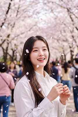JPG 나무 편집이미지 공원 여자 꽃잎 자연 하늘 미소 풍경 봄 벚꽃 즐거움 만개 의료성형뷰티 편집실사 AI인물포토 AI콘텐츠 식물 계절 공공시설 꽃 감정 표정 사람 CG 생태계 파일형식 AI포토