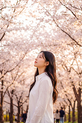 JPG 나무 편집이미지 응시 공원 여자 자연 하늘 거리 사람 풍경 봄 산책 벚꽃 구경 만개 뷰티풀 의료성형뷰티 편집실사 AI인물포토 AI콘텐츠 식물 시선 계절 공공시설 꽃 휴식 CG 생태계 파일형식 AI포토