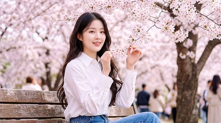 JPG 나무 편집이미지 공원 여자 꽃 벤치 자연 미소 웃음 앉기 풍경 봄 벚꽃 뷰티풀 의료성형뷰티 편집실사 AI인물포토 AI콘텐츠 식물 계절 공공시설 의자 모션 표정 사람 CG 생태계 파일형식 AI포토