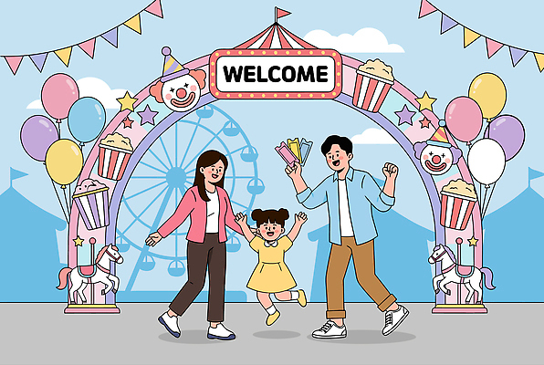 식기 감정 가족 관계 표정 말하기 사람 테마파크 바퀴 파일형식 벡터 놀이공원 출입구 놀이기구 어린이 웃음 행복 부모 이벤트 컵 풍선 장식 풍경 축제 차바퀴 즐거움 참여 모션 대화 국내일러스트 AI파일 일러스트