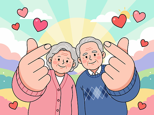 모양 부부 여자 노년 남자 감정 컨셉 관계 표정 성인 신체부위 생태계 파일형식 벡터 커플 사랑 하트 표현 웃음 자연 손 기쁨 행복 얼굴 사람 가족 연결 즐거움 컬러 국내일러스트 AI파일 일러스트 활발 활기 할아버지 할머니 노부부