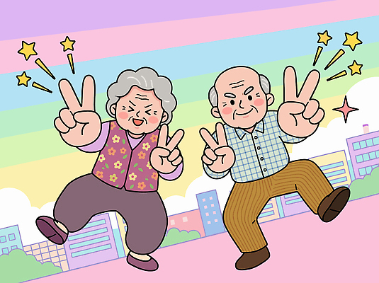 손 부부 알파벳 여자 노년 남자 감정 컨셉 관계 문화예술 표정 예절 파일형식 벡터 노부부 춤 V 손가락 즐거움 미소 행복 표현 친구 사랑 가족 포즈 인사 컬러 기쁨 연령 국내일러스트 AI파일 일러스트 활발 활기 할아버지 할머니