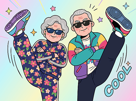 부부 여자 노년 남자 감정 컬러 신발 컨셉 관계 표정 말하기 파일형식 벡터 친구 웃음 포즈 여유 모션 대화 패션 스타일 운동화 장면 사람 즐거움 표현 거리 노란색 국내일러스트 AI파일 일러스트 활발 활기 할아버지 할머니 노부부