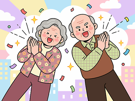 부부 여자 노년 남자 감정 컨셉 관계 표정 이벤트 성인 파일형식 벡터 커플 축하 기쁨 웃음 손뼉 행복 노부부 기념일 도시 파티 색소 환경 만남 사랑 가족 국내일러스트 AI파일 일러스트 활발 활기 할아버지 할머니