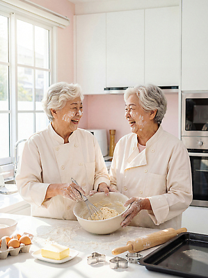 JPG 편집이미지 할머니 재료 가족 손녀 함께함 대화 요리 웃음 쿠키 케이크 주방 즐거움 반죽 제빵 요리중 의료성형뷰티 편집실사 AI인물포토 AI콘텐츠 여자 노년 감정 컨셉 관계 모션 디저트 표정 말하기 제과제빵 손주 CG 파일형식 AI포토