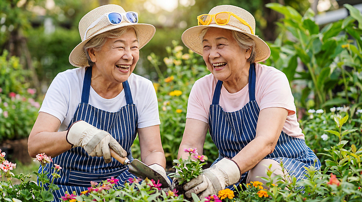 JPG 식물 편집이미지 노년 꽃 할머니 모션 식탁 함께함 이야기 웃음 여름 햇빛 정원 원예 조경 심기 의료성형뷰티 편집실사 AI인물포토 AI콘텐츠 계절 여자 컨셉 탁자 표정 성인 취미 태양 CG 파일형식 AI포토