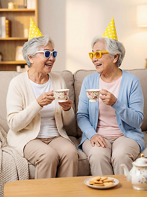 JPG 편집이미지 여자 기념일 노년 할머니 함께함 실내 따뜻함 대화 웃음 친구 소파 시간 생일 즐거움 의료성형뷰티 편집실사 AI인물포토 AI콘텐츠 감정 컨셉 의자 관계 표정 말하기 사람 이벤트 성인 내부 CG 파일형식 AI포토