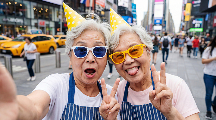 JPG 편집이미지 노년 할머니 여행 거리 함께함 웃음 여러명 여름 선글라스 셀프카메라 즐거움 뉴욕 화합 소통 타임스퀘어 의료성형뷰티 편집실사 AI인물포토 AI콘텐츠 계절 여자 감정 안경 다수 컨셉 표정 사람 성인 사진촬영 미국 CG 파일형식 AI포토