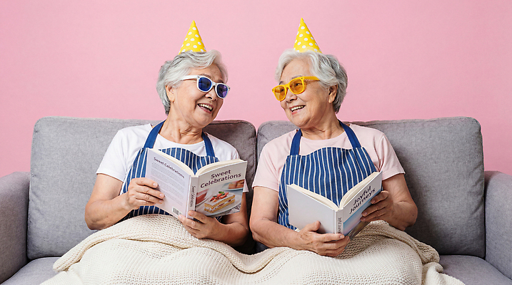 JPG 편집이미지 할머니 모션 함께함 이야기 웃음 책 친구 소파 독서 케이크 축하 생일 연령 의료성형뷰티 동정 편집실사 AI인물포토 AI콘텐츠 여자 기념일 노년 컨셉 의자 관계 디저트 표정 CG 파일형식 AI포토