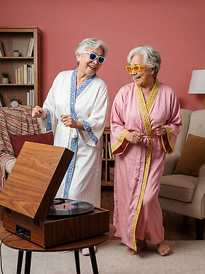 JPG 편집이미지 노년 감정 할머니 음악 거실 모션 함께함 웃음 취미 여름 친구 춤 가운 즐거움 재즈 레코드플레이어 소셜 의료성형뷰티 편집실사 AI인물포토 AI콘텐츠 옷 계절 여자 컨셉 관계 문화예술 표정 성인 CG 파일형식 AI포토