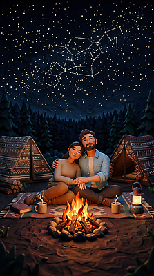 JPG 편집이미지 커플 별 여행 자연 하늘 따뜻함 텐트 대화 우주 캠핑 저녁 모닥불 가정의달 편집3D AI컴퓨터그래픽 AI콘텐츠 자연요소 관계 불 레저 캠핑도구 말하기 3D 야간 5월 생태계 파일형식