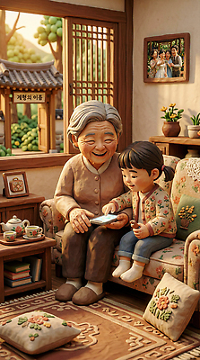 JPG 편집이미지 할머니 가족 손녀 실내 따뜻함 대화 요리 웃음 스마트폰 소파 정원 시간 가정의달 편집3D AI컴퓨터그래픽 AI콘텐츠 여자 노년 의자 관계 표정 말하기 내부 핸드폰 스마트기기 3D 5월 손주 파일형식
