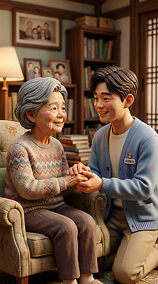 JPG 편집이미지 손 할머니 가족 손자 따뜻함 이야기 대화 미소 책 소파 손잡기 편안함 가정의달 편집3D AI컴퓨터그래픽 AI콘텐츠 여자 노년 남자 의자 관계 모션 표정 말하기 신체부위 3D 감각 5월 손주 파일형식