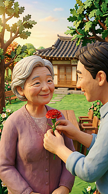 JPG 편집이미지 전통 꽃 할머니 가족 아침 손자 한국 대화 사랑 미소 정원 기쁨 시간 가정의달 오후 편집3D AI컴퓨터그래픽 AI콘텐츠 주간 식물 여자 노년 남자 감정 아시아 관계 표정 말하기 3D 5월 손주 파일형식