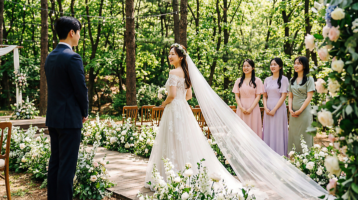 JPG 나무 편집이미지 꽃 신부 웨딩드레스 신랑 결혼 자연 결혼식 잔디 여러명 숲 맹세 들러리 신랑신부 하객 의료성형뷰티 편집실사 AI인물포토 AI콘텐츠 식물 드레스 신부_웨딩 다수 사람 이벤트 결심 고객 CG 생태계 파일형식 AI포토