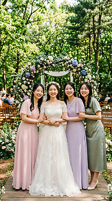 JPG 나무 편집이미지 드레스 꽃 행복 신부 웨딩드레스 포즈 결혼식 이벤트 여러명 야외 장식 여름 친구 축하 들러리 의료성형뷰티 편집실사 AI인물포토 AI콘텐츠 식물 옷 계절 감정 다수 결혼 컨셉 관계 사람 CG 하객 파일형식 AI포토
