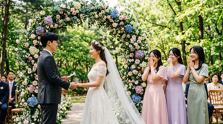 JPG 편집이미지 행복 신부 웨딩드레스 신랑 가족 결혼식 사랑 친구 정원 기쁨 축하 의식 약속 들러리 순간 신랑신부 의료성형뷰티 편집실사 AI인물포토 AI콘텐츠 드레스 감정 신부_웨딩 결혼 컨셉 관계 CG 하객 파일형식 AI포토