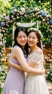 JPG 편집이미지 옷 여자 꽃 행복 신부 웨딩드레스 포옹 자연 결혼식 사랑 웃음 이벤트 친구 기쁨 축하 초대 들러리 순간 의료성형뷰티 편집실사 AI인물포토 AI콘텐츠 식물 드레스 감정 결혼 컨셉 관계 안기 표정 사람 CG 생태계 하객 파일형식 AI포토