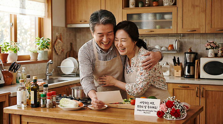 JPG 편집이미지 부부 행복 재료 가족 디저트 함께함 대화 사랑 요리 웃음 주방 식사 시간 즐거움 부부의날 순간 의료성형뷰티 편집실사 AI인물포토 AI콘텐츠 커플 기념일 감정 음식 컨셉 관계 표정 말하기 CG 파일형식 AI포토