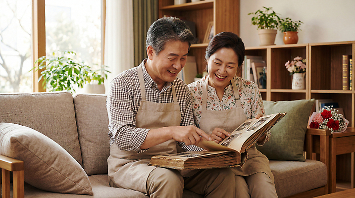 JPG 편집이미지 부부 거실 함께함 이야기 대화 웃음 일상 소파 시간 추억 앨범 즐거움 부부의날 의료성형뷰티 편집실사 AI인물포토 AI콘텐츠 커플 기념일 감정 컨셉 의자 표정 말하기 라이프 CG 파일형식 AI포토