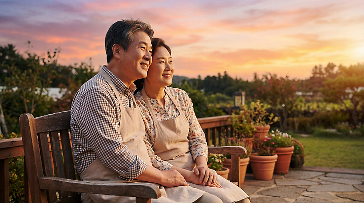 JPG 식물 편집이미지 응시 화분 벤치 자연 사랑 미소 앉기 일상 평화 정원 노부부 일몰 소통 부부의날 오후 의료성형뷰티 편집실사 AI인물포토 AI콘텐츠 부부 시선 기념일 감정 컨셉 의자 모션 표정 라이프 노을 CG 생태계 파일형식 AI포토