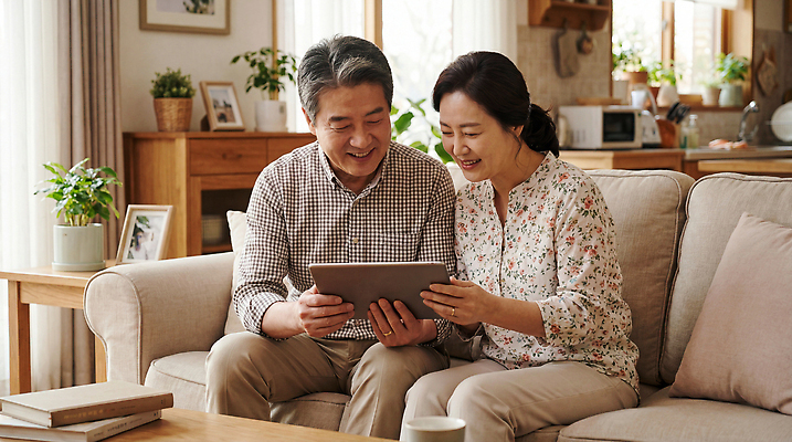 JPG 편집이미지 부부 행복 거실 가족 모션 함께함 기술 대화 미소 웃음 소파 태블릿 스크린 시간 부부의날 의료성형뷰티 편집실사 AI인물포토 AI콘텐츠 커플 기념일 감정 컨셉 의자 관계 표정 말하기 전자제품 스마트기기 CG 파일형식 AI포토