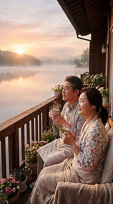 JPG 식물 편집이미지 자연 아침 휴식 대화 사람 강 햇빛 노부부 안개 발코니 시골 강가 편안함 부부의날 의료성형뷰티 편집실사 AI인물포토 AI콘텐츠 주간 부부 기념일 컨셉 날씨 말하기 태양 감각 CG 생태계 파일형식 AI포토