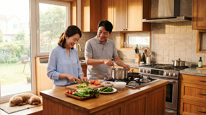 JPG 편집이미지 부부 행복 채소 식탁 아침 함께함 건강 요리 햇빛 주방 식사 고객 긍정 의료성형뷰티 편집실사 AI인물포토 AI콘텐츠 주간 커플 감정 컨셉 탁자 태양 CG 파일형식 AI포토