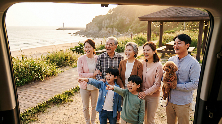 JPG 편집이미지 바다 가족 모션 자연 등대 대화 웃음 풍경 손짓 여러명 해변 모임 저녁 의료성형뷰티 편집실사 AI인물포토 AI콘텐츠 다수 관계 표정 말하기 사람 야간 CG 생태계 파일형식 AI포토