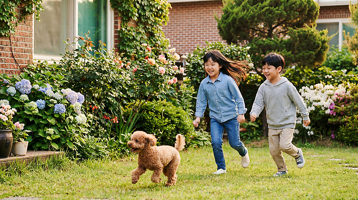 JPG 편집이미지 꽃 어린이 가족 모션 자연 친구 달리기 정원 산책 시간 개 즐거움 의료성형뷰티 편집실사 AI인물포토 AI콘텐츠 식물 감정 포유류 관계 휴식 사람 CG 생태계 파일형식 AI포토