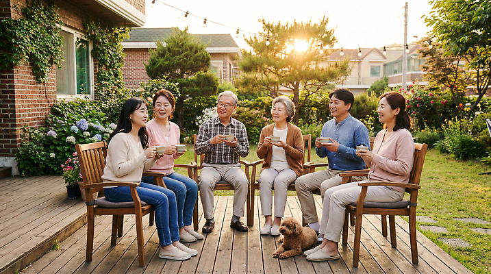 JPG 나무 식물 편집이미지 의자 가족 이야기 웃음 여름 친구 햇빛 정원 다정 모임 개 저녁 의료성형뷰티 편집실사 AI인물포토 AI콘텐츠 계절 가구 컨셉 포유류 관계 표정 태양 야간 CG 파일형식 AI포토