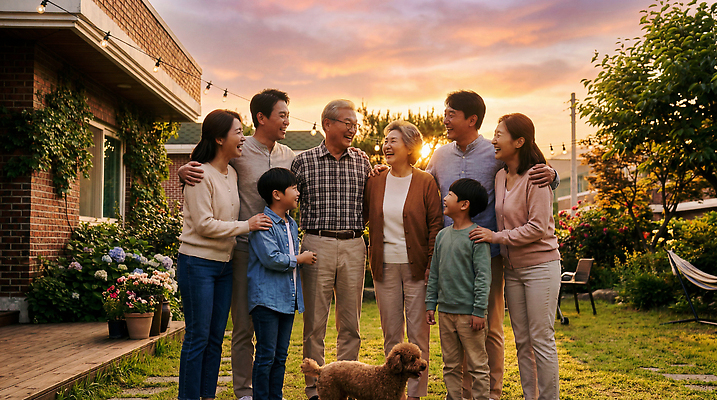 JPG 편집이미지 노년 행복 감정 어린이 가족 모션 이야기 대화 웃음 잔디 정원 일몰 모임 시간 강아지 의료성형뷰티 편집실사 AI인물포토 AI콘텐츠 식물 관계 표정 말하기 사람 성인 반려동물 노을 개 CG 파일형식 AI포토