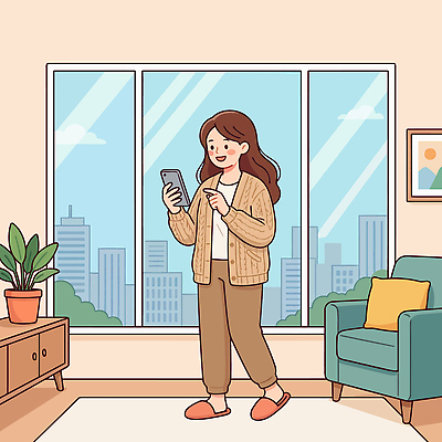 의자 사람 건물 핸드폰 스마트기기 감각 파일형식 벡터 여자 스마트폰 거실 창문 도시 빌딩 모션 소파 식물 편안함 시간 공간 일과 풍경 카펫 방 커튼 국내일러스트 AI파일 일러스트