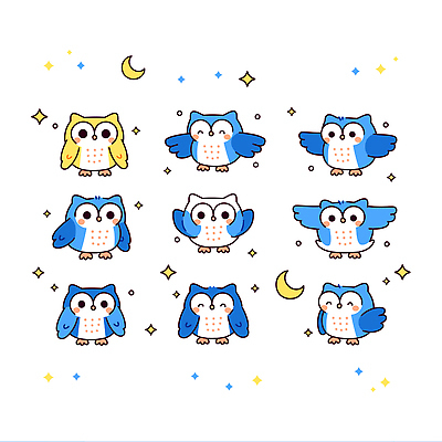 자연요소 컬러 컨셉 무늬 조류 파란색 파일형식 벡터 올빼미 노란색 하늘색 나란히 날개 포즈 일렬 동물 별 달 귀여움 그림 디자인 패턴 캐릭터 국내일러스트 AI파일 일러스트 부엉이